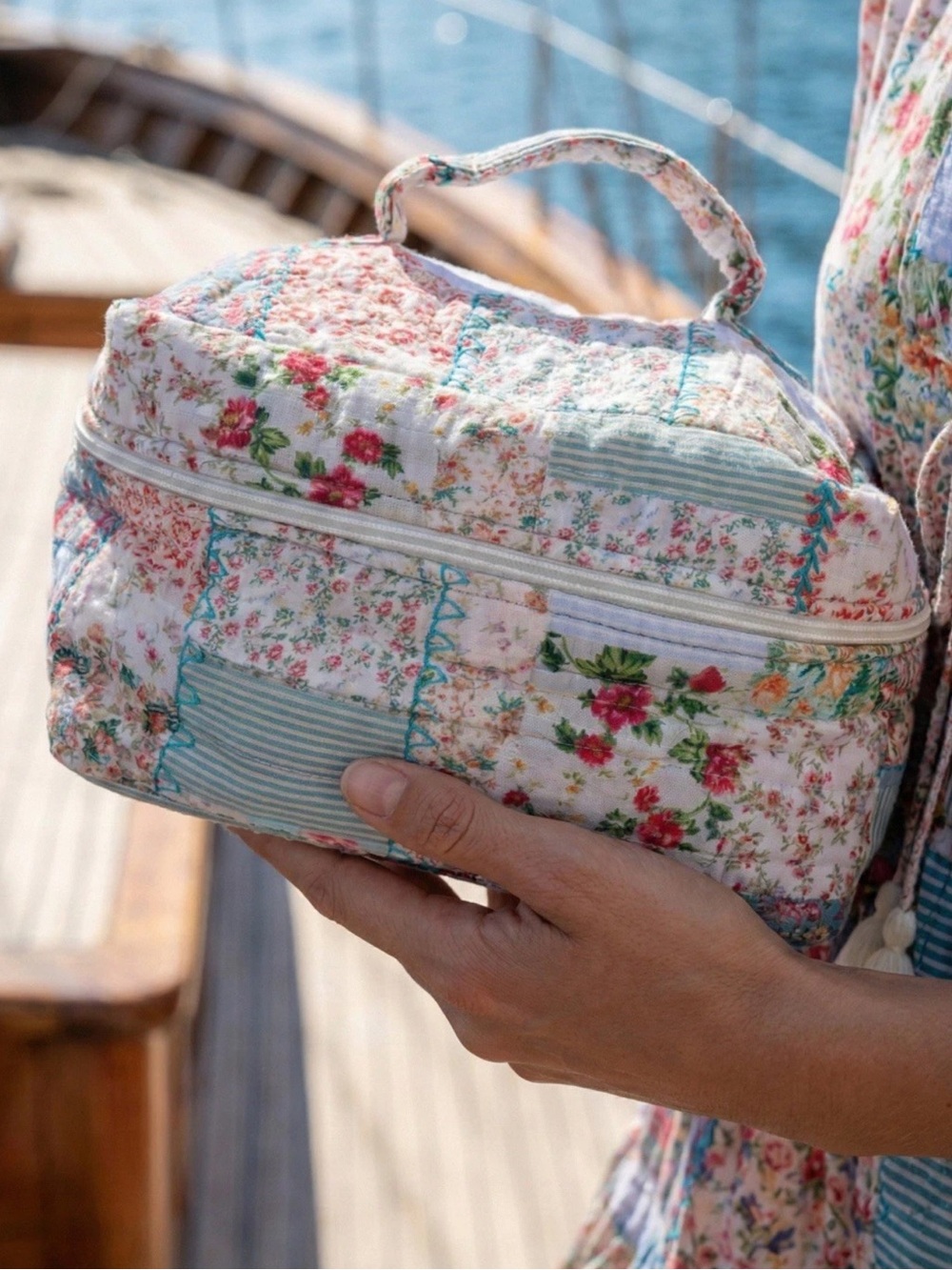Antica Sartoria Quilted Floral Patchwork Cosmetic Bag with Handle NWT